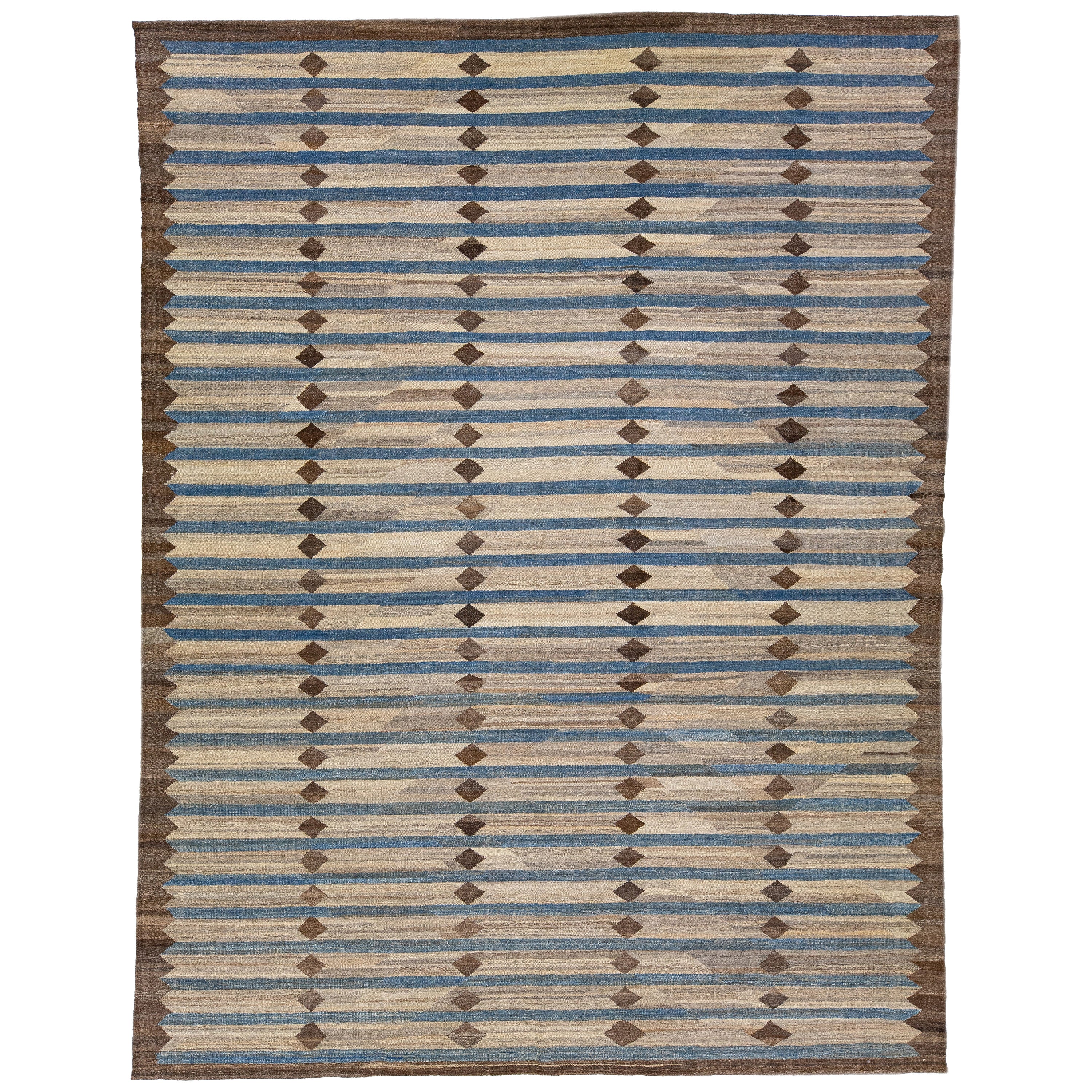 Alfombra Deco Comteporaria Kilim De Lana Con Diseño Geométrico Marrón Y Azul