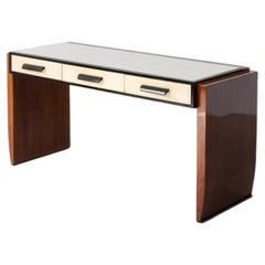 Deco console table with three drawers covered in parchment