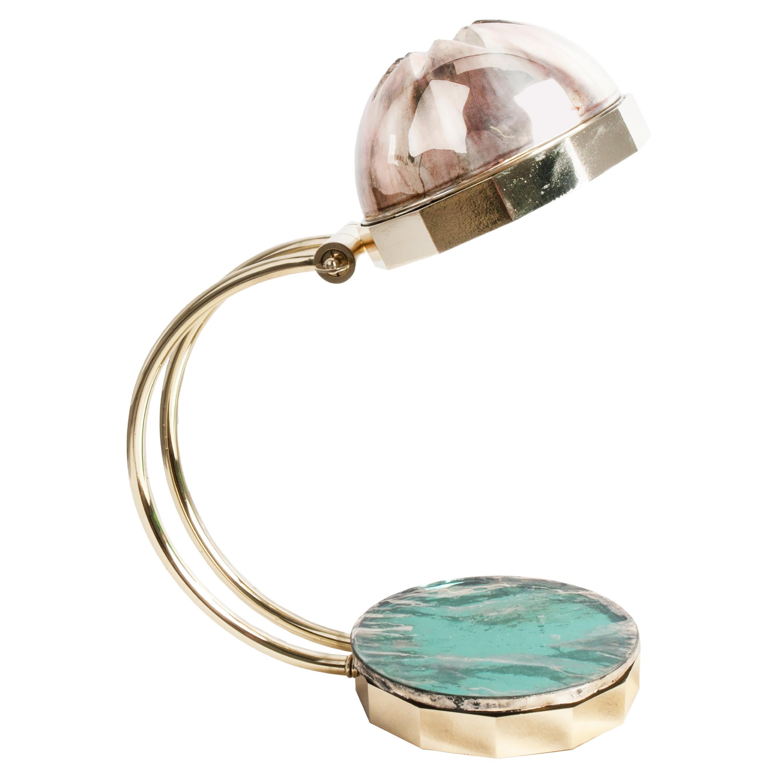 "Decò" Contemporary Table Lamp, White Silvered Crystal Bowl, Cast Melted Brass