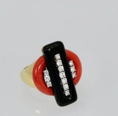 Deco Coral Onyx Diamond Ring 18K
