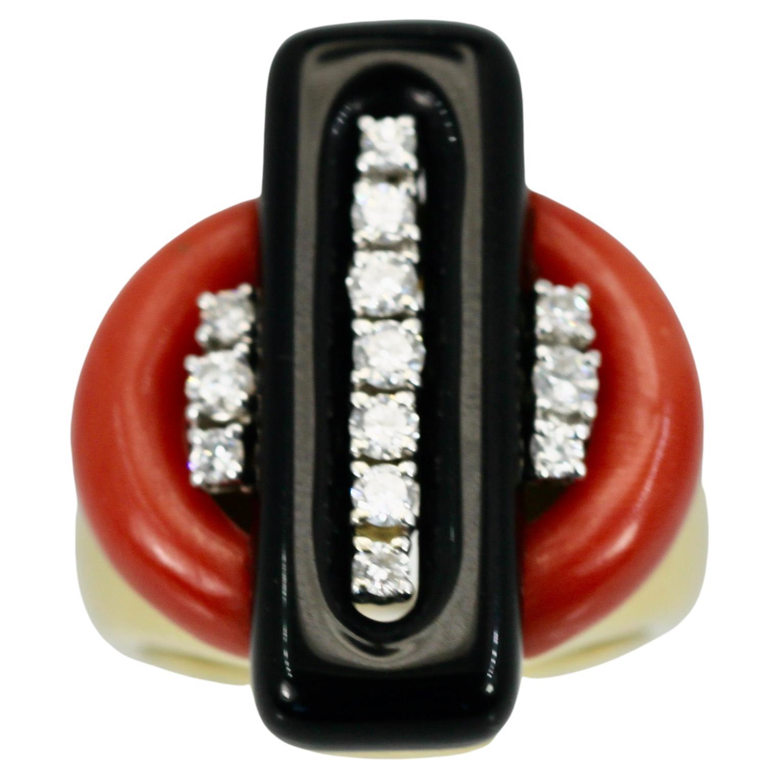 Deco Coral Onyx Diamond Ring 18K For Sale