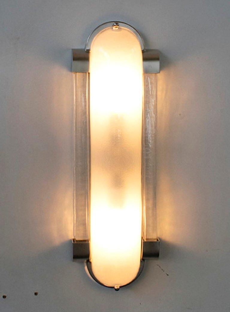 Italian Art Deco style wall light or flush mount with frosted Murano glass mounted on satin nickel frame / Designed by Fabio Bergomi for Fabio Ltd / Made in Italy
2 lights / E12 or E14 / max 40W each 
Height: 18.5 inches / Width: 6.5 inches / Depth: