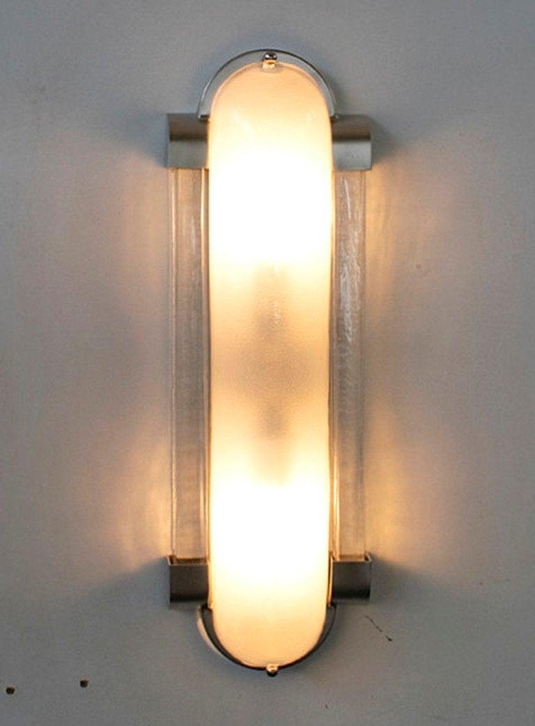Italian Art Deco style wall light or flush mount with frosted Murano glass mounted on satin nickel frame / designed by Fabio Bergomi for Fabio Ltd, made in Italy
2-light / E12 or E14 / max 40W each
Measures: Height 18.5 inches, width 6.5 inches,