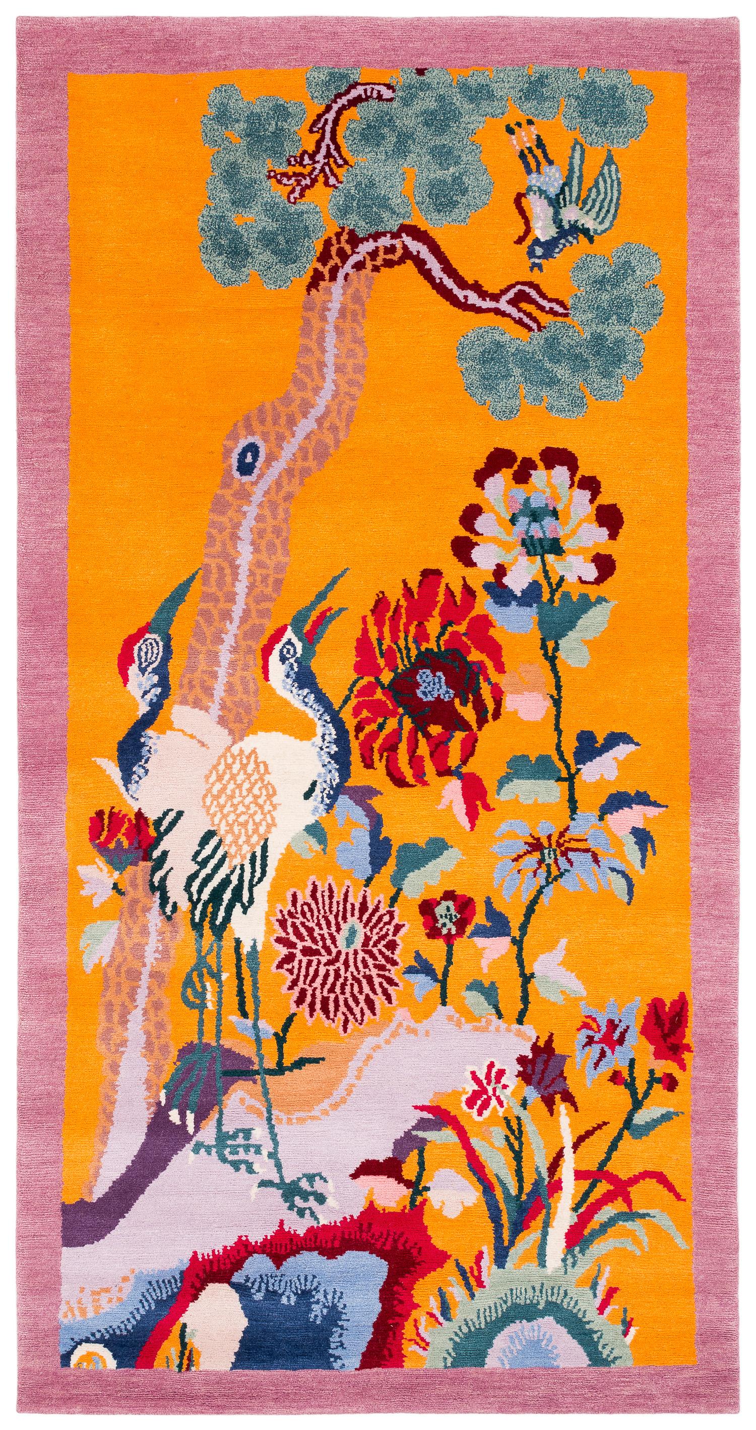 Deco Crane Colorful Accent Accessory Handmade Wool Runner Rug by Joseph Carini For Sale 8