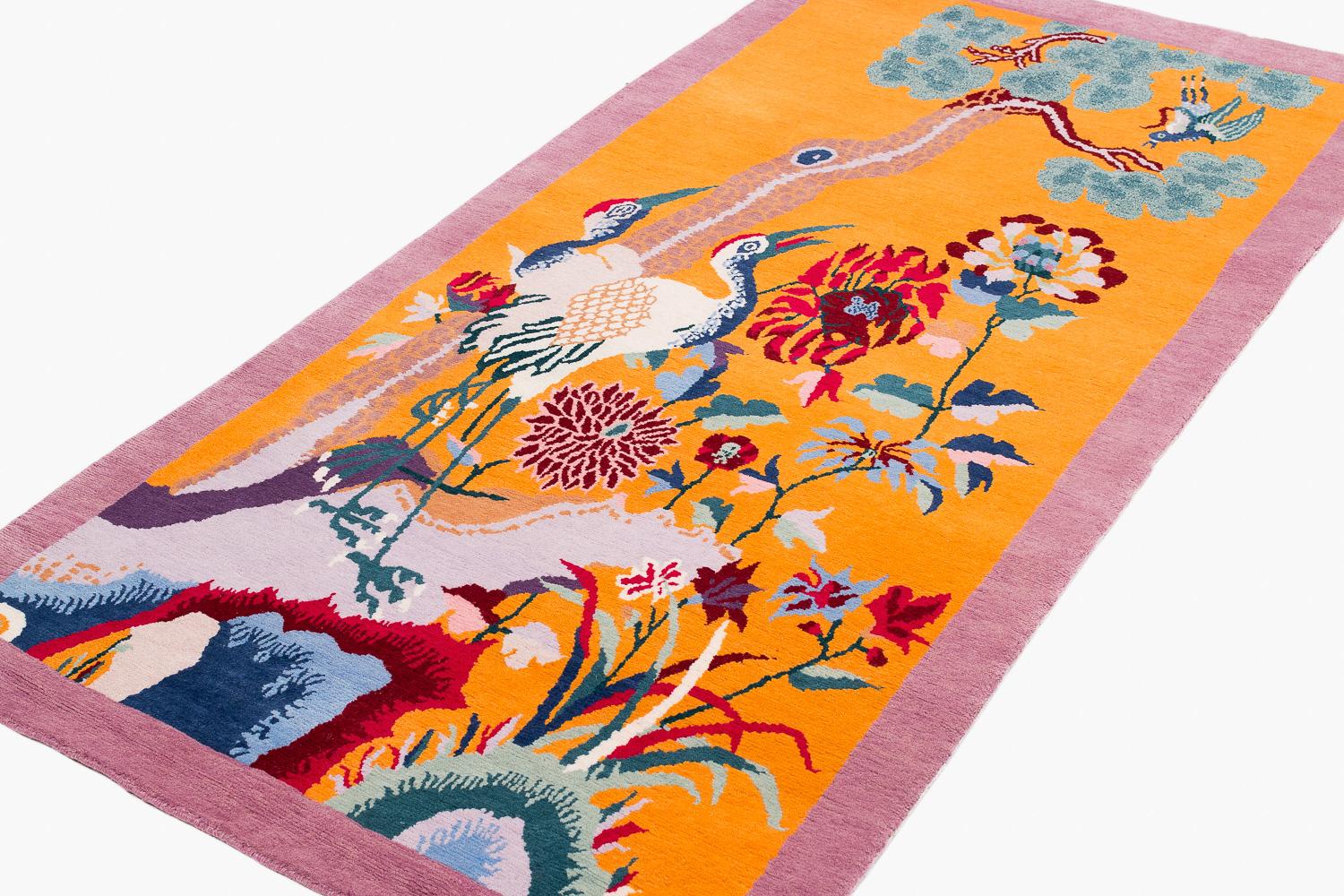 Art Deco Deco Crane Colorful Accent Accessory Handmade Wool Runner Rug by Joseph Carini For Sale