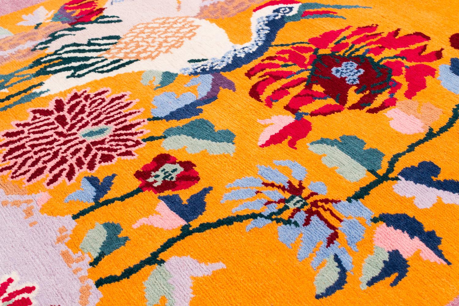 Nepalese Deco Crane Colorful Accent Accessory Handmade Wool Runner Rug by Joseph Carini For Sale