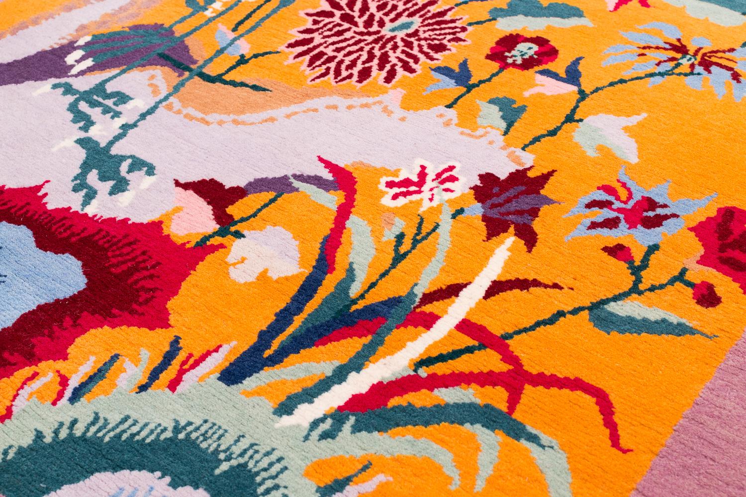 Hand-Knotted Deco Crane Colorful Accent Accessory Handmade Wool Runner Rug by Joseph Carini For Sale