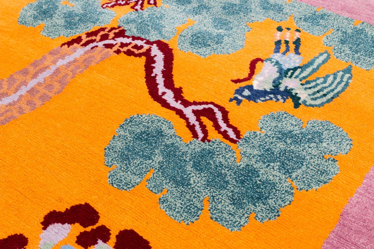 Deco Crane Colorful Accent Accessory Handmade Wool Runner Rug by Joseph Carini In New Condition For Sale In New York, NY