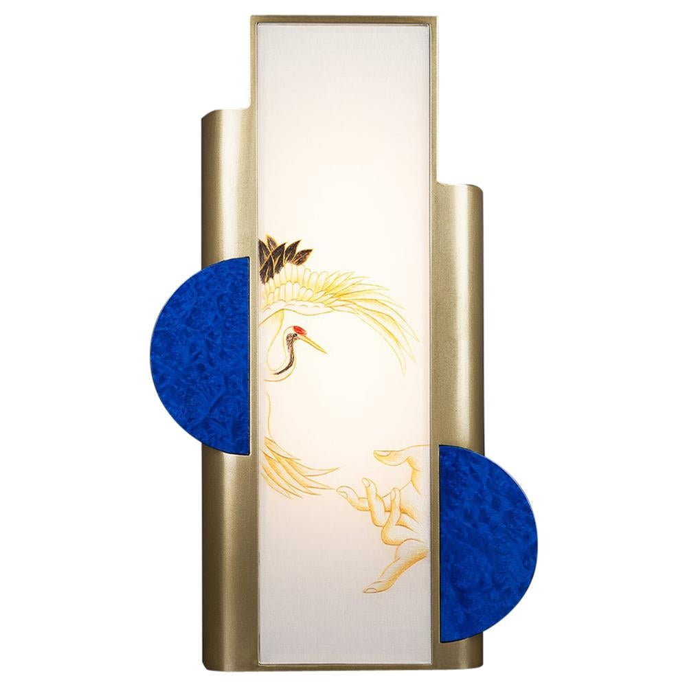 Deco Crane Contemporary Table Light in Brass and Silk For Sale