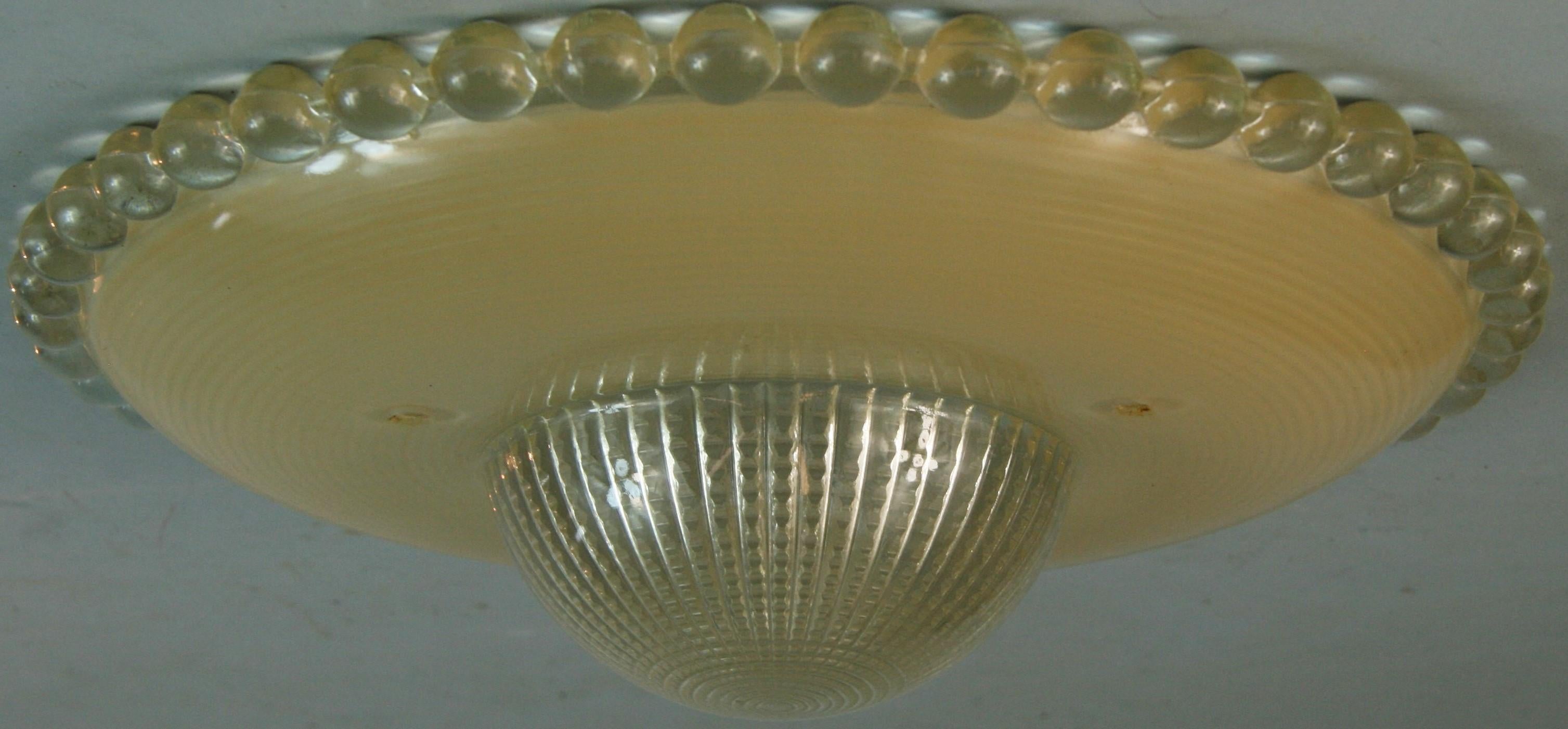 Deco Cream and Clear Glass Flushmount For Sale 3