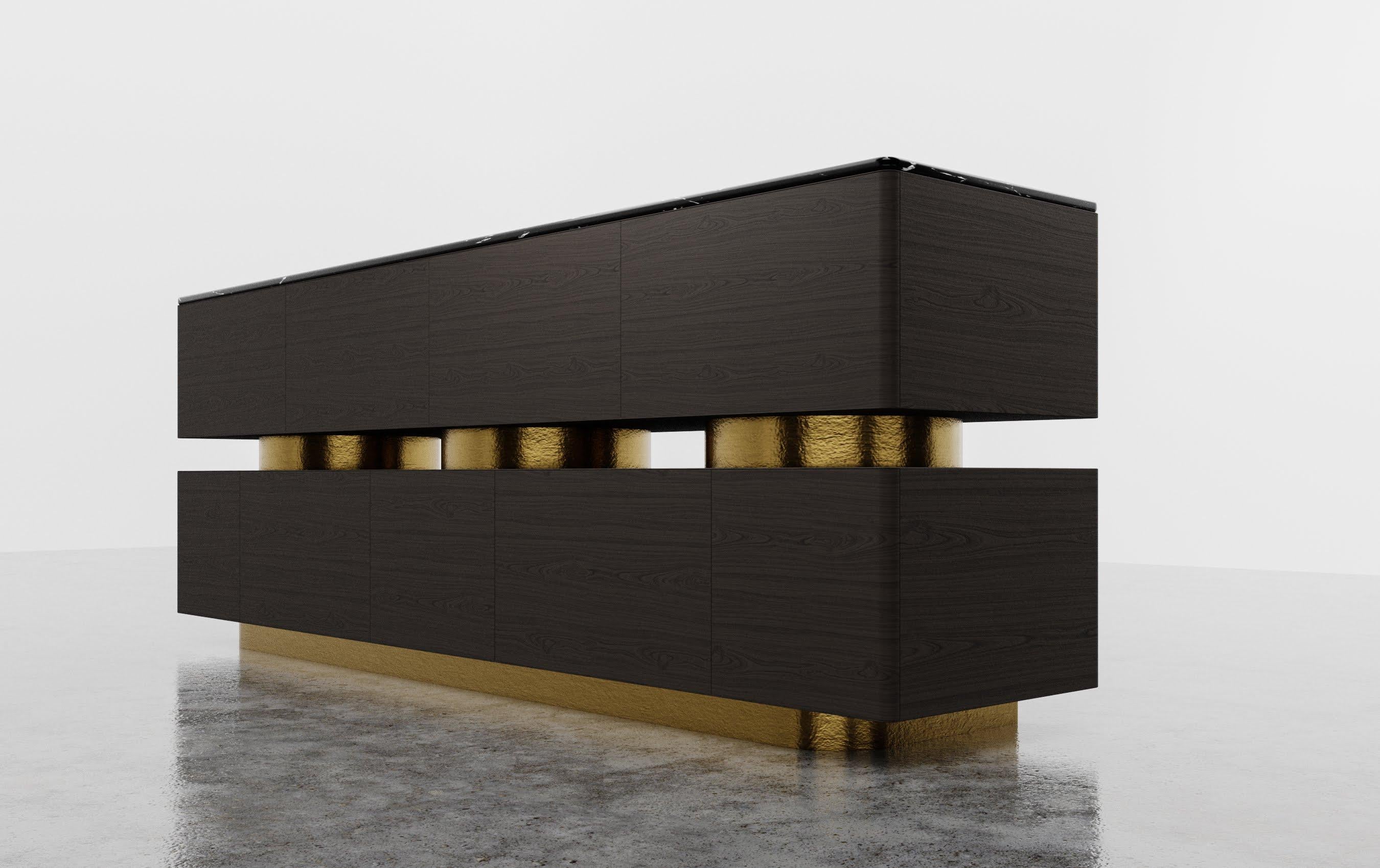 DECO CREDENZA - Modern Ebony Walnut + Gold Leaf Cylinders + Nero Marquina Marble

The Deco Credenza is a stunning piece of furniture that boasts a modern, multi-door stacked cabinet design with unique metal cylinder details. Its sleek lines and