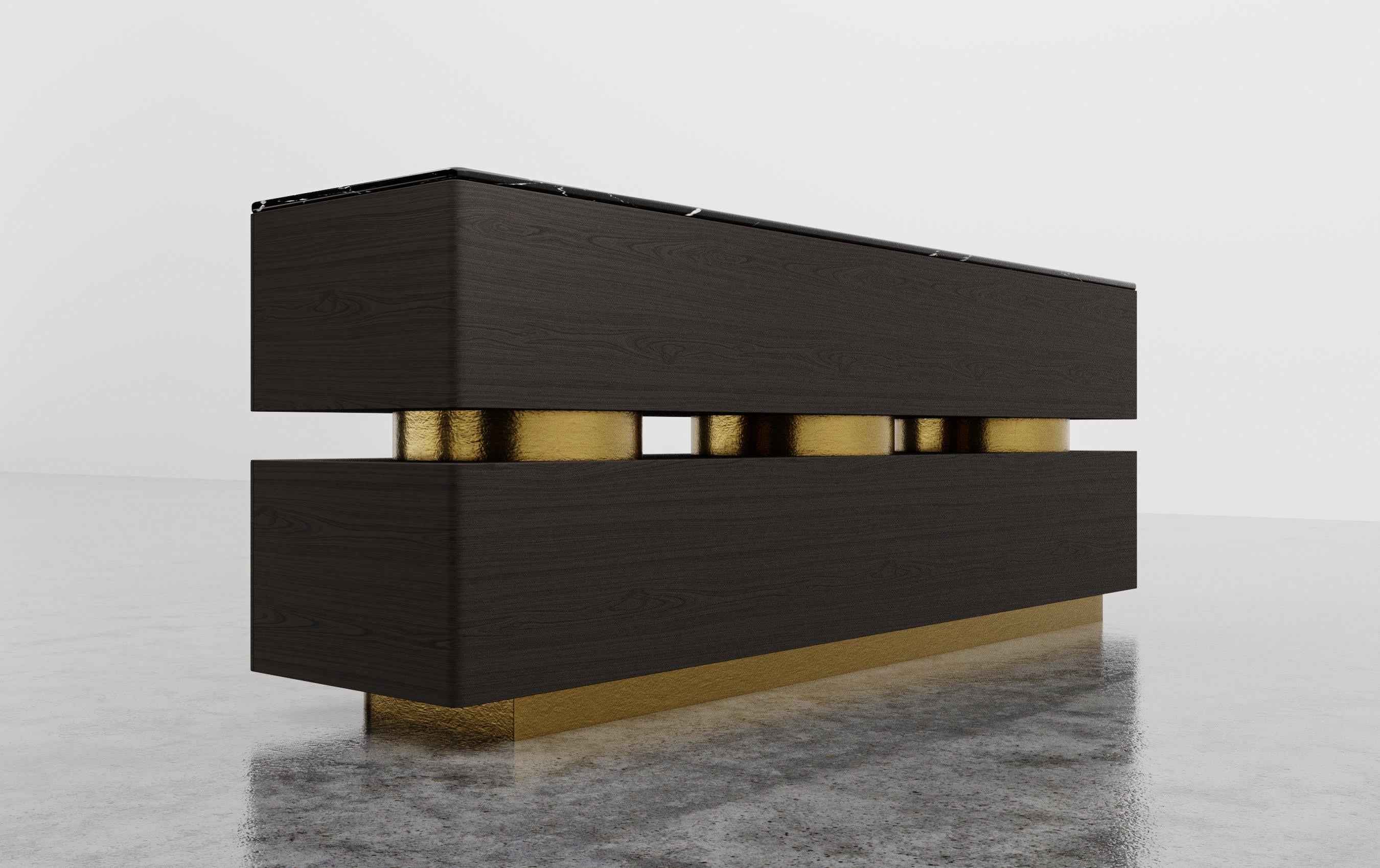 Moderne DECO CREDENZA - Cylindres modernes en noyer ébène + feuilles d'or + marbre Nero Marquina en vente