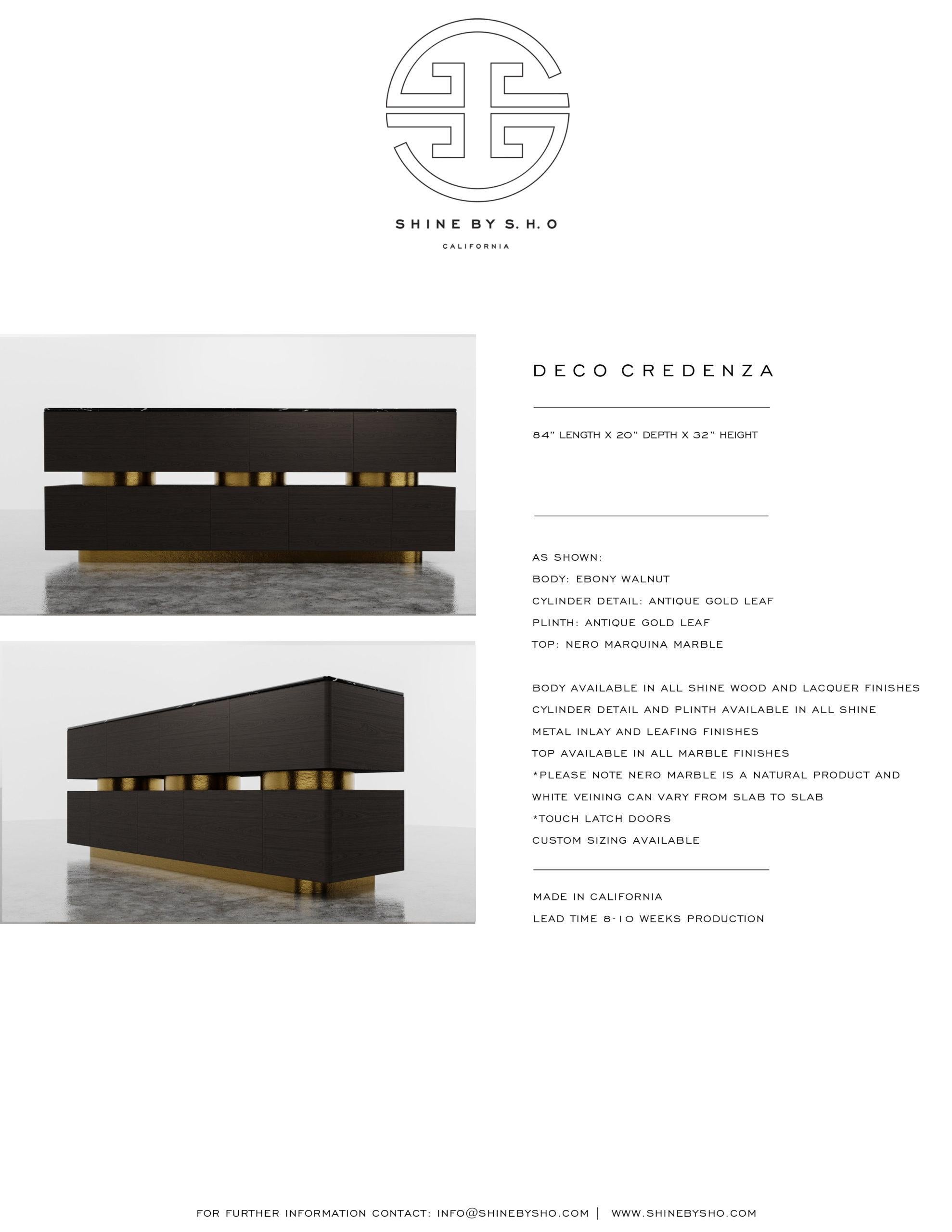 American DECO CREDENZA - Modern Ebony Walnut + Gold Leaf Cylinders + Nero Marquina Marble For Sale