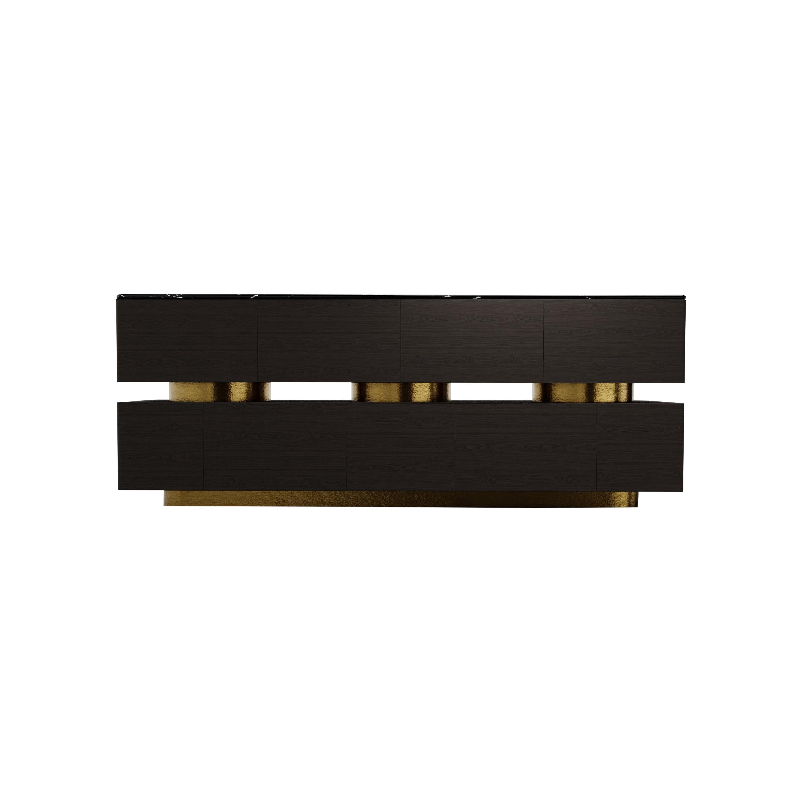 DECO CREDENZA - Modern Ebony Walnut + Gold Leaf Cylinders + Nero Marquina Marble