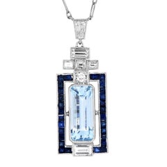 Deco Design Aquamarine Diamond Platinum Pendant Necklace