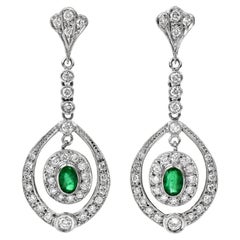 Deco Design Diamond Emerald Platinum Dangle Drop Earrings