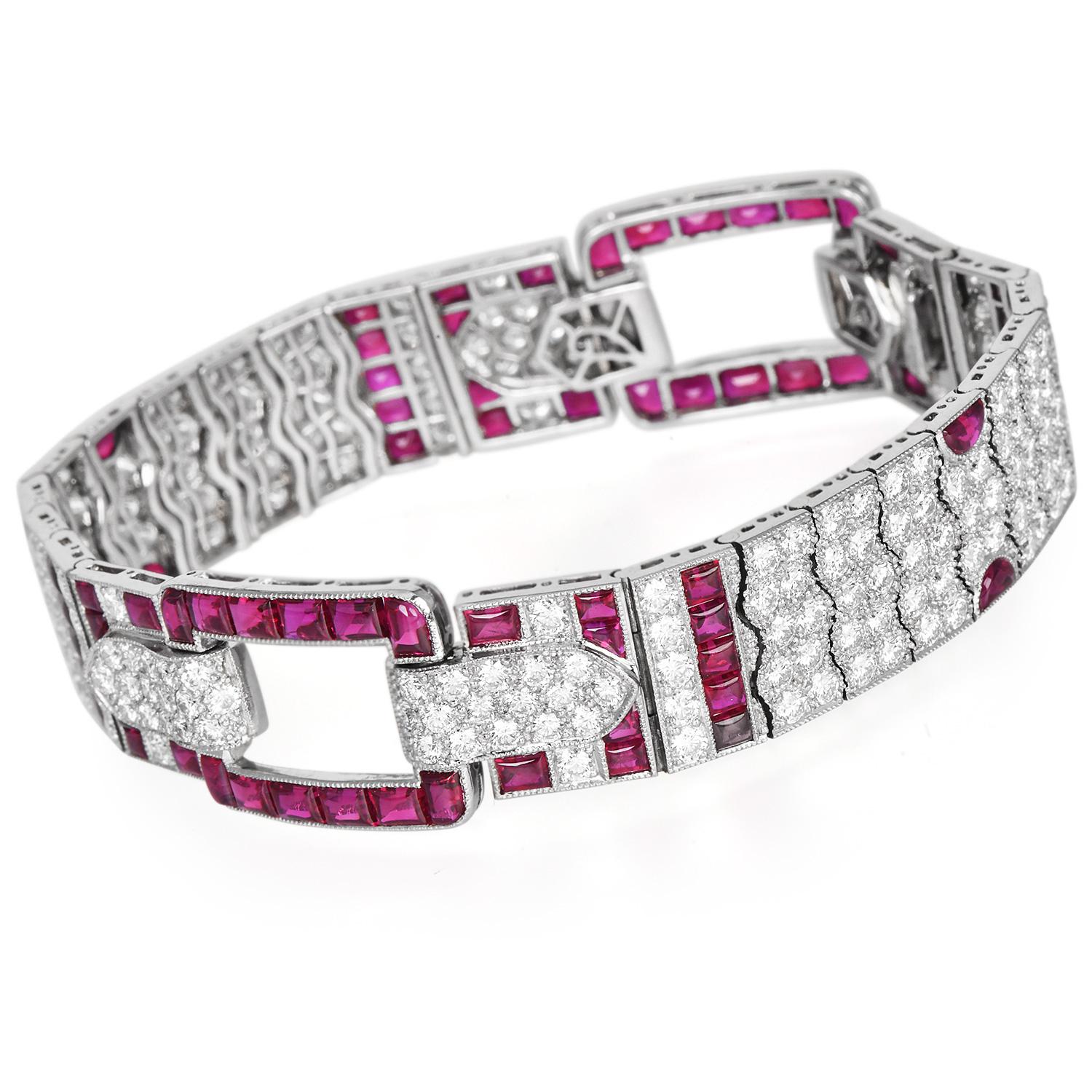 Kwiat Deco, bracelet à maillons géométriques en platine, rubis et diamants 26,34 carats poids total en vente 2