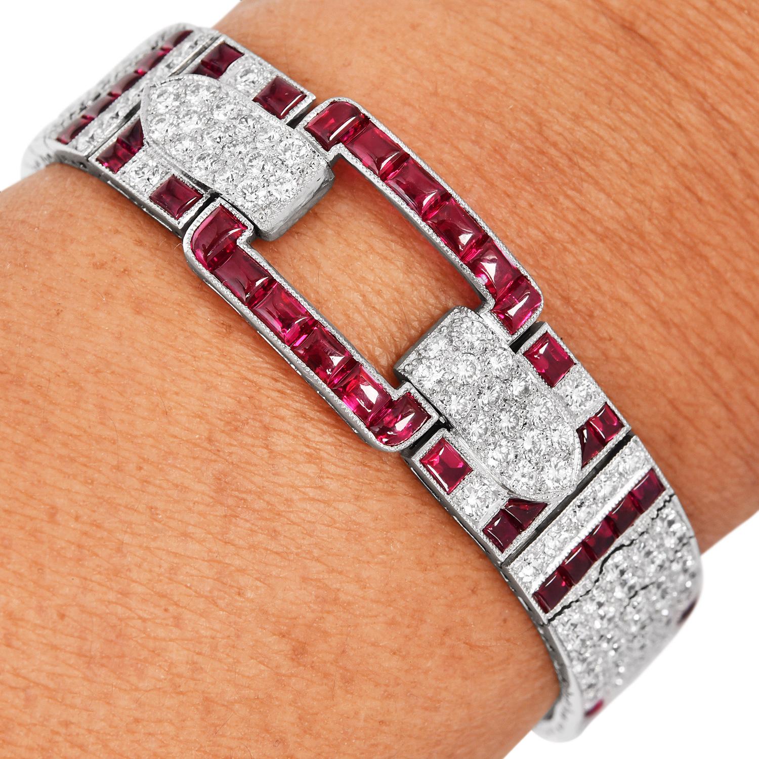 Kwiat Deco, bracelet à maillons géométriques en platine, rubis et diamants 26,34 carats poids total en vente 4