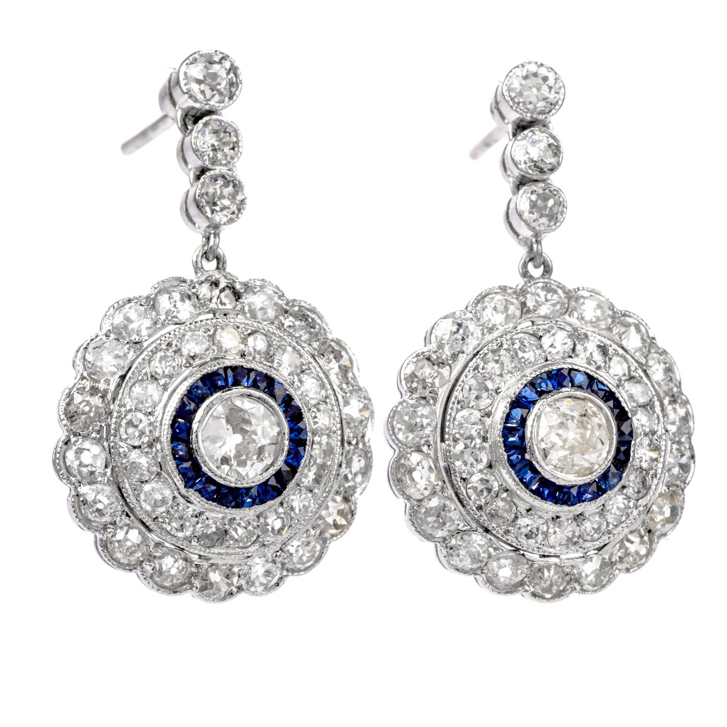 Exquisite Art Deco design in a Beehive motif and crafted

in Luxurious Platinum.

Adorning the top and center of each is a round bezel set Old European 

cut diamond encirled and highlighted by  channel set

French cut Sapphires. Creating 2