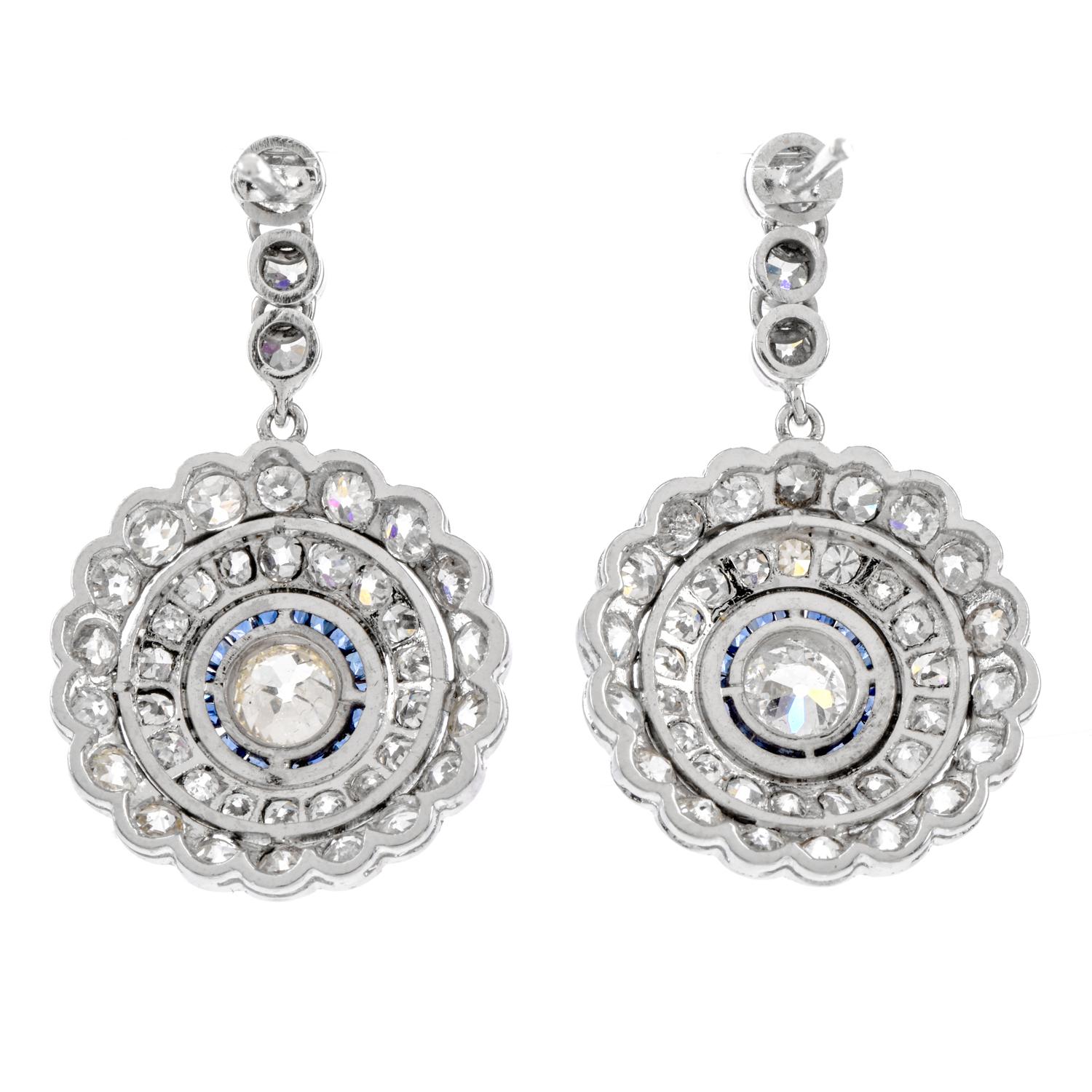 Art Deco Deco Design Diamond Sapphire Dangling Platinum Earrings