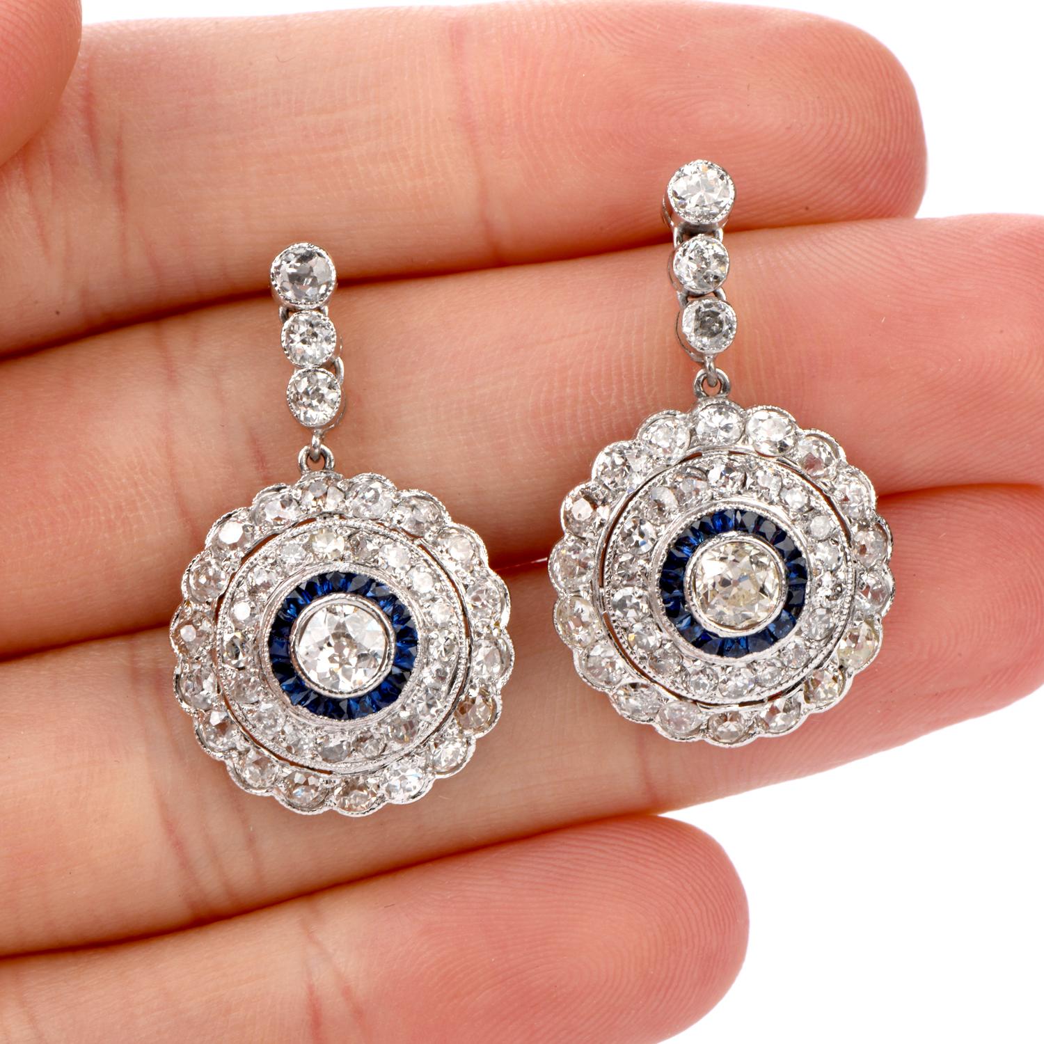 Deco Design Diamond Sapphire Dangling Platinum Earrings In Excellent Condition In Miami, FL