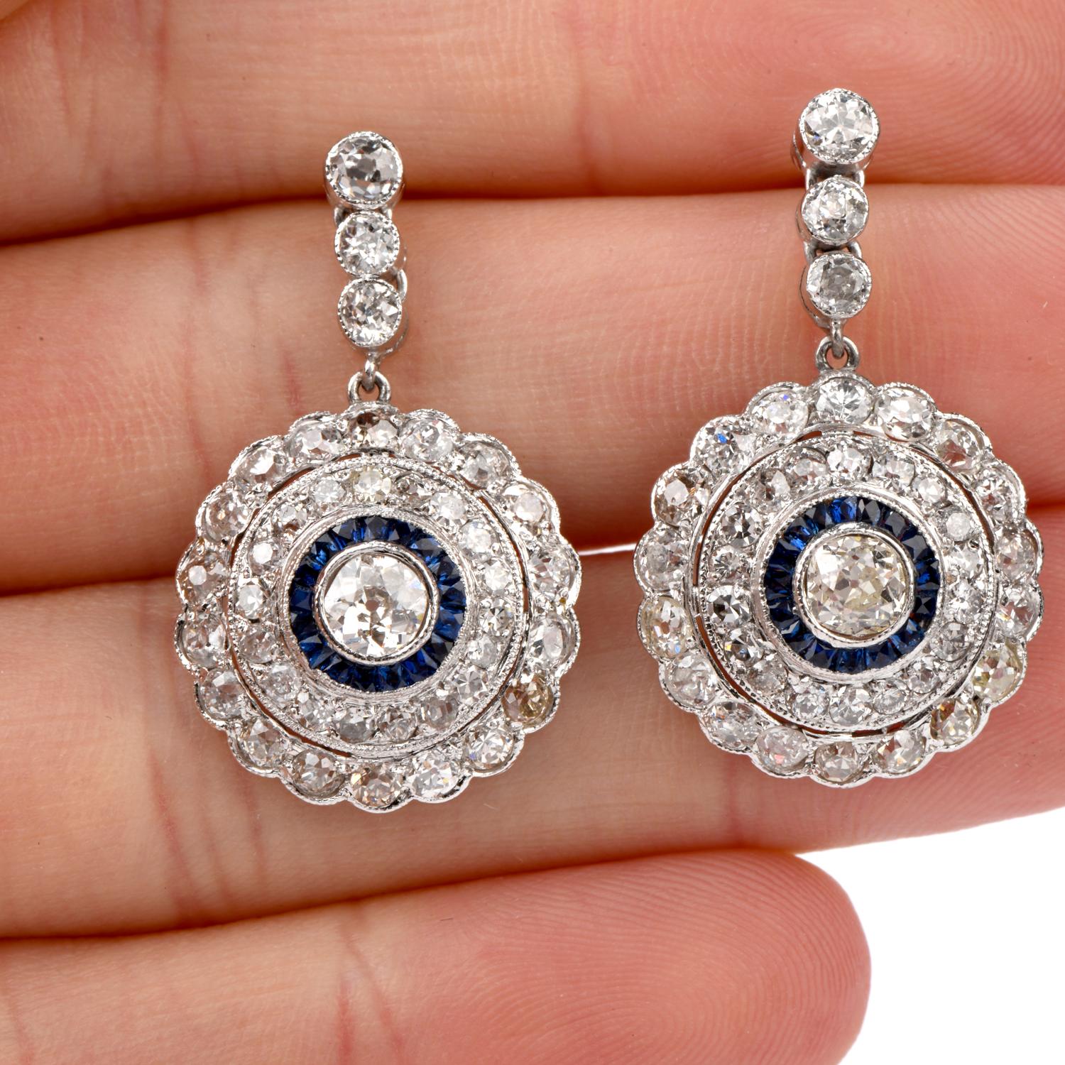 Women's Deco Design Diamond Sapphire Dangling Platinum Earrings