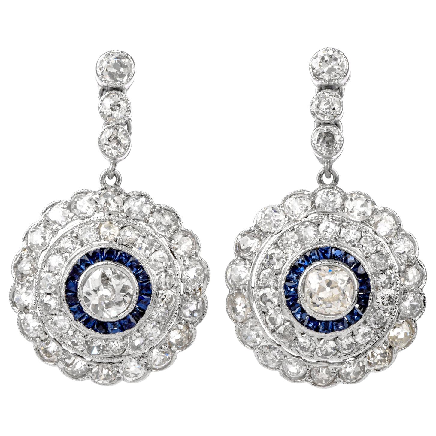 Deco Design Diamond Sapphire Dangling Platinum Earrings