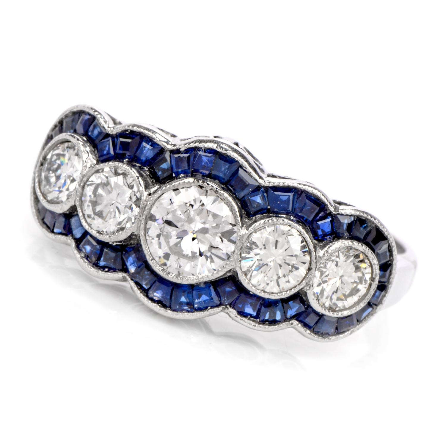 Brilliant Cut Deco Design Diamond Sapphire Platinum Ring