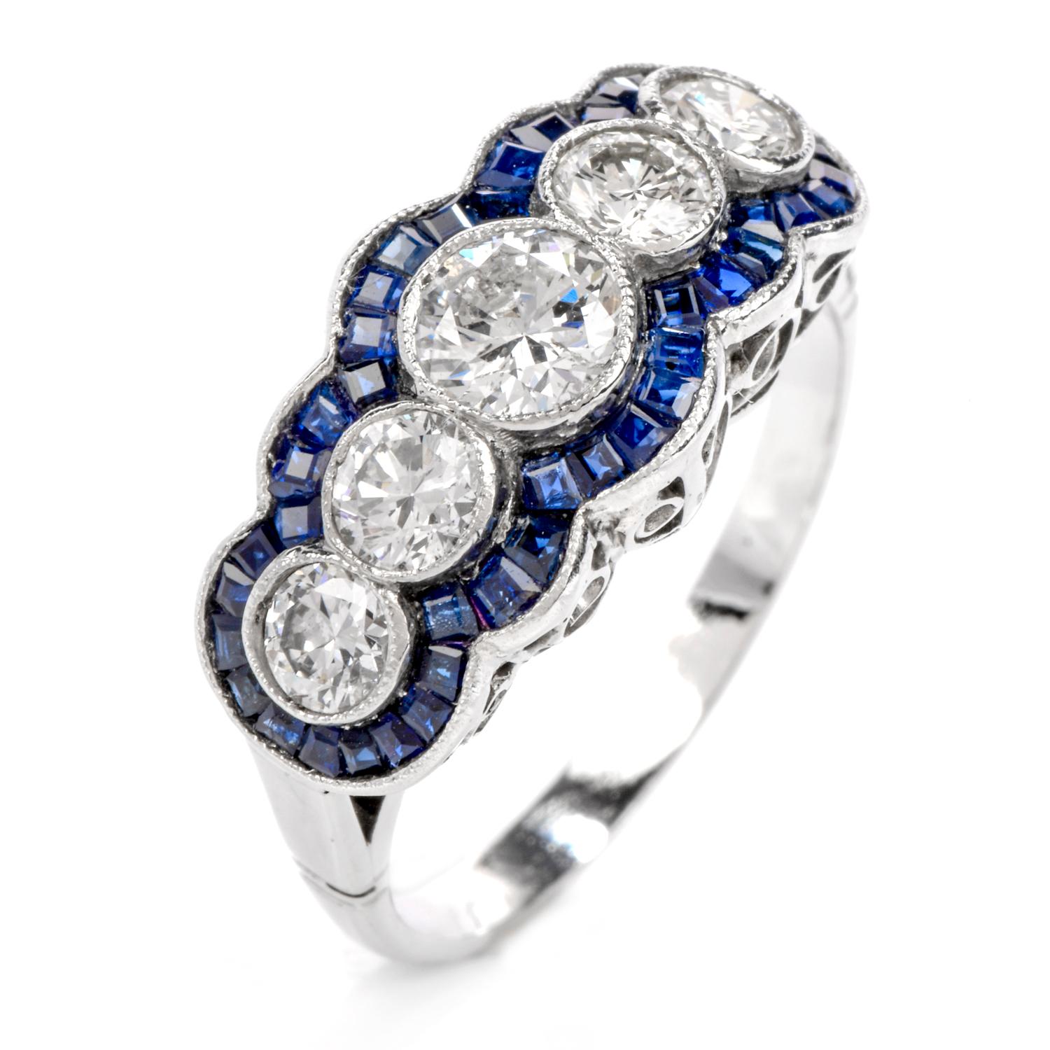 Deco Design Diamond Sapphire Platinum Ring In Excellent Condition In Miami, FL