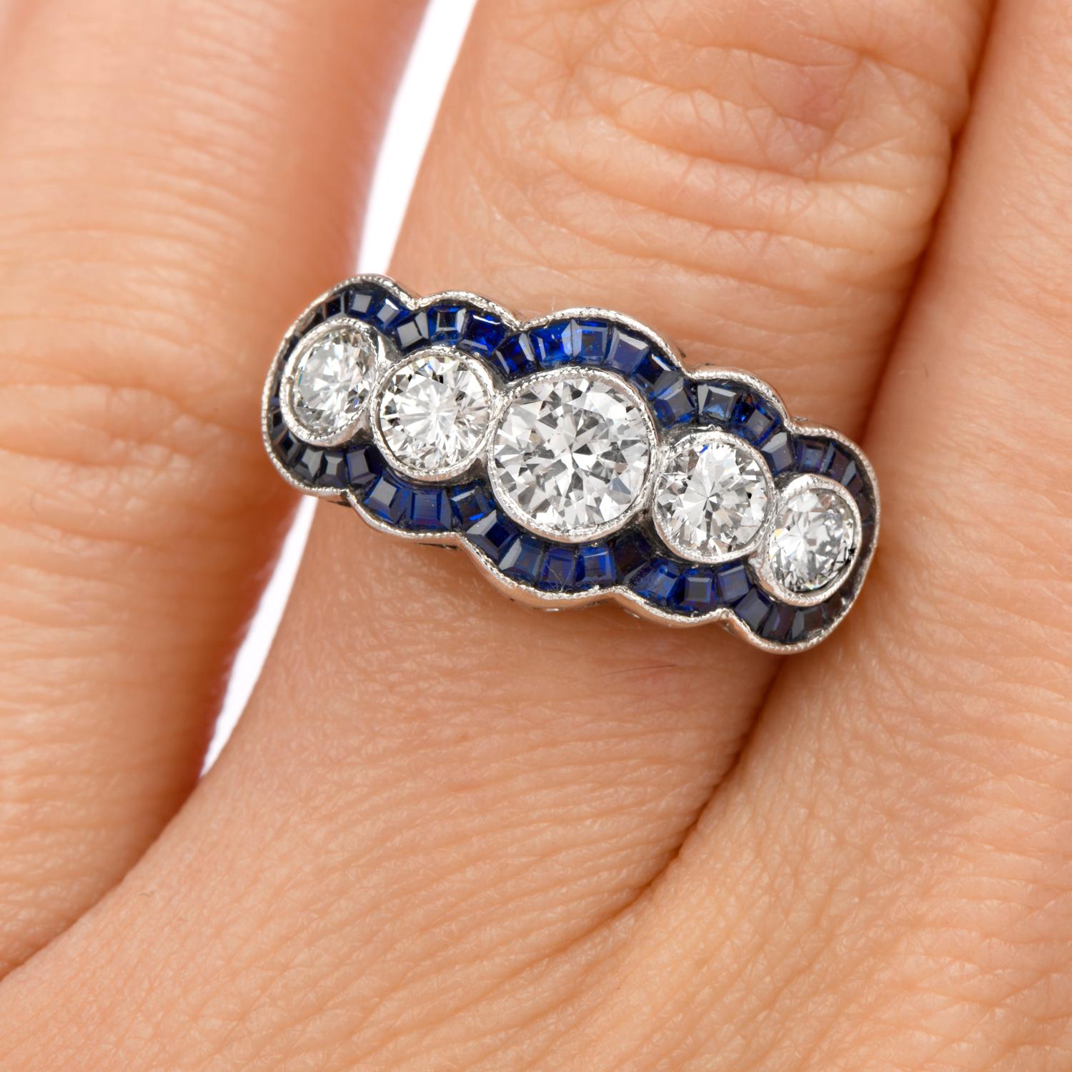 Women's or Men's Deco Design Diamond Sapphire Platinum Ring
