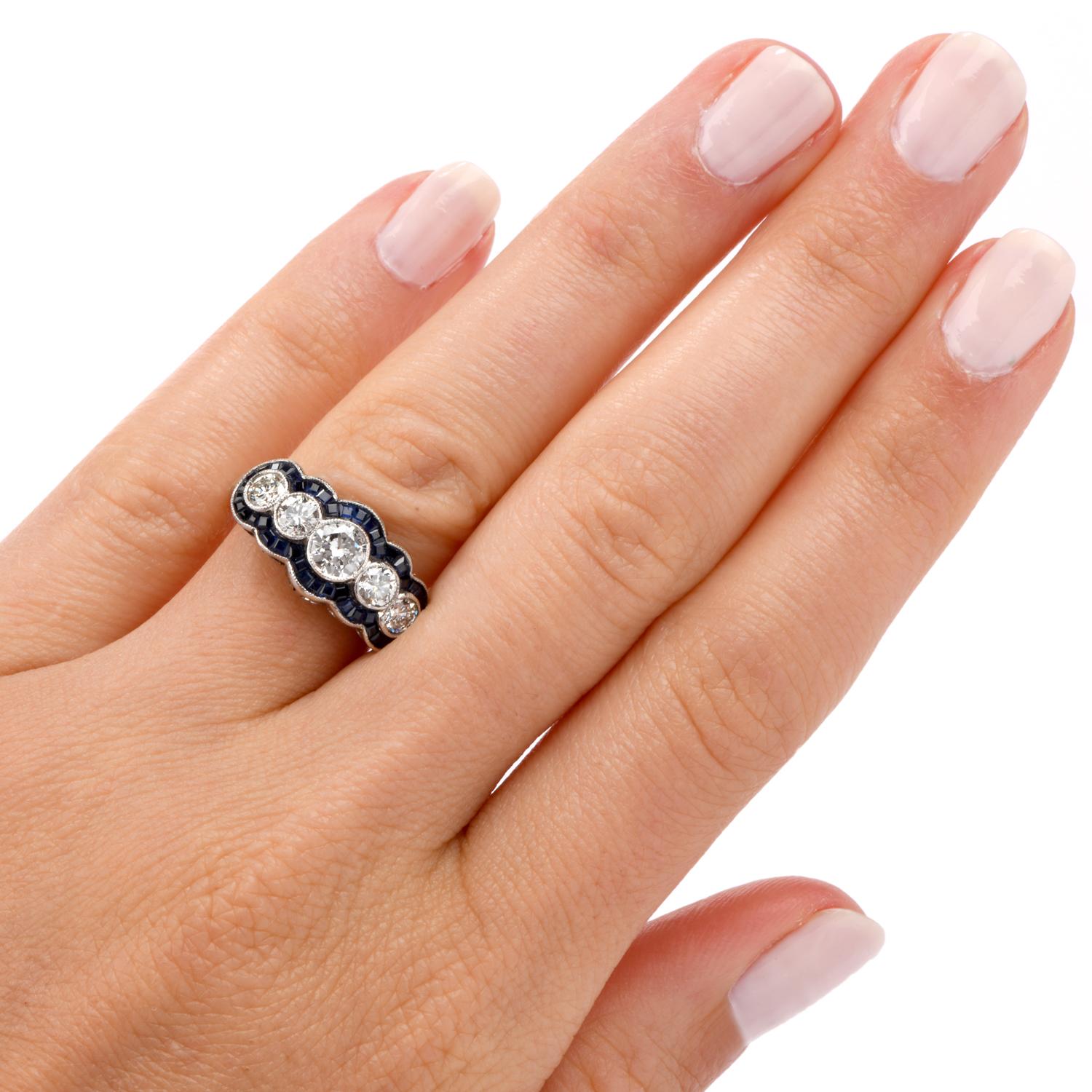 Deco Design Diamond Sapphire Platinum Ring 1