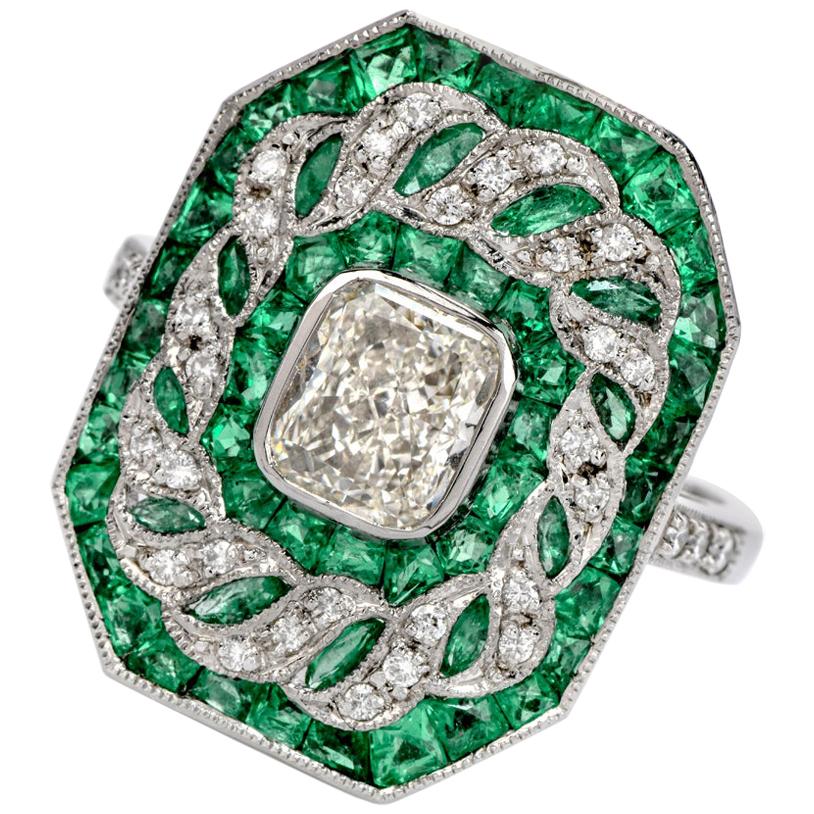 Deco Design GIA Radiant Diamond and Emerald Platinum Cocktail Ring