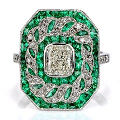 Deco Design GIA Radiant Diamond and Emerald Platinum Cocktail Ring