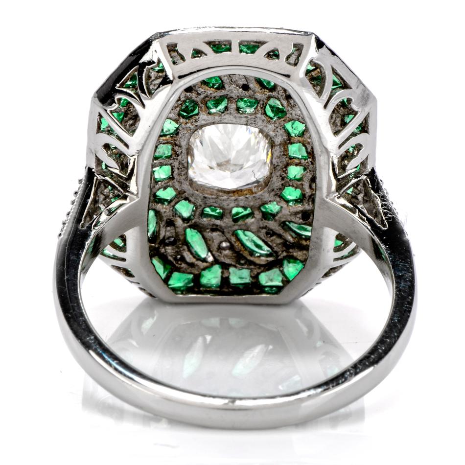Art Deco Deco Design GIA Radiant Diamond and Emerald Platinum Cocktail Ring