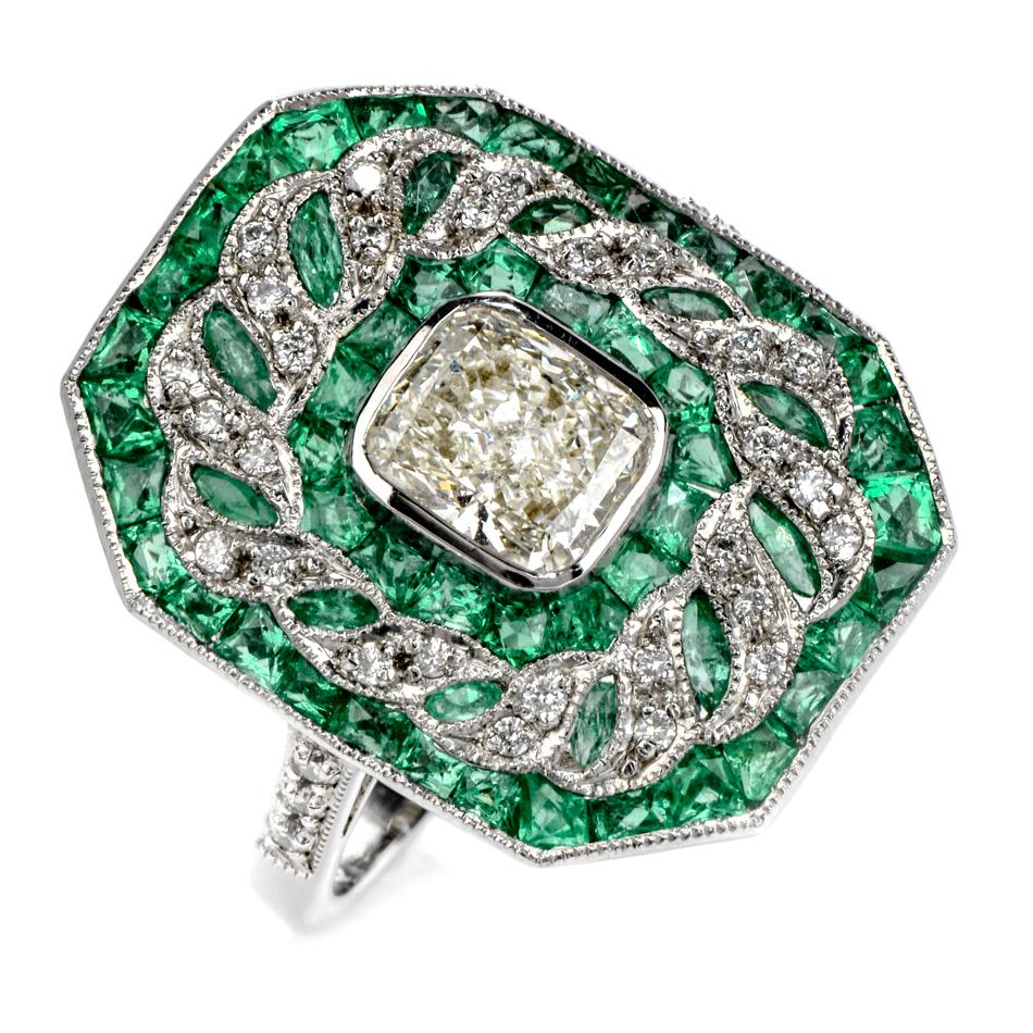 Radiant Cut Deco Design GIA Radiant Diamond and Emerald Platinum Cocktail Ring