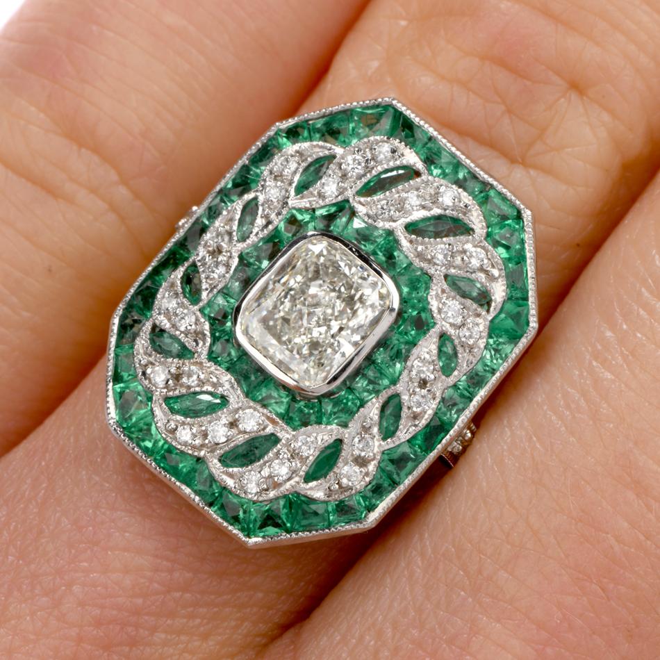 Deco Design GIA Radiant Diamond and Emerald Platinum Cocktail Ring In Excellent Condition In Miami, FL