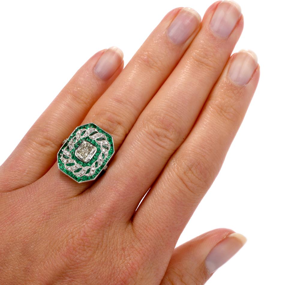 Women's or Men's Deco Design GIA Radiant Diamond and Emerald Platinum Cocktail Ring