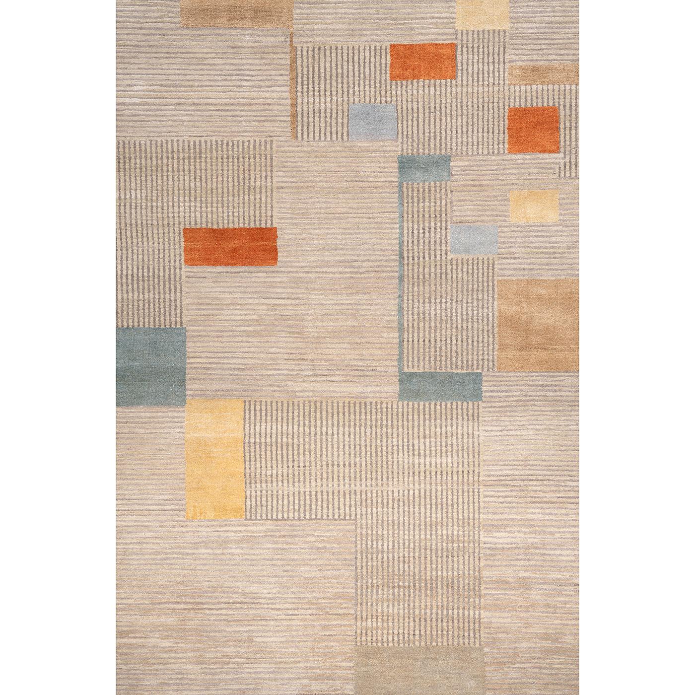 This exquisite rug is handwoven of New Zealand wool and pure Chinese silk using the Tibetan knotting technique (100 knots per square inch). The pattern features an eye-catching graphic of horizontal and vertical lines and sequence of squares and