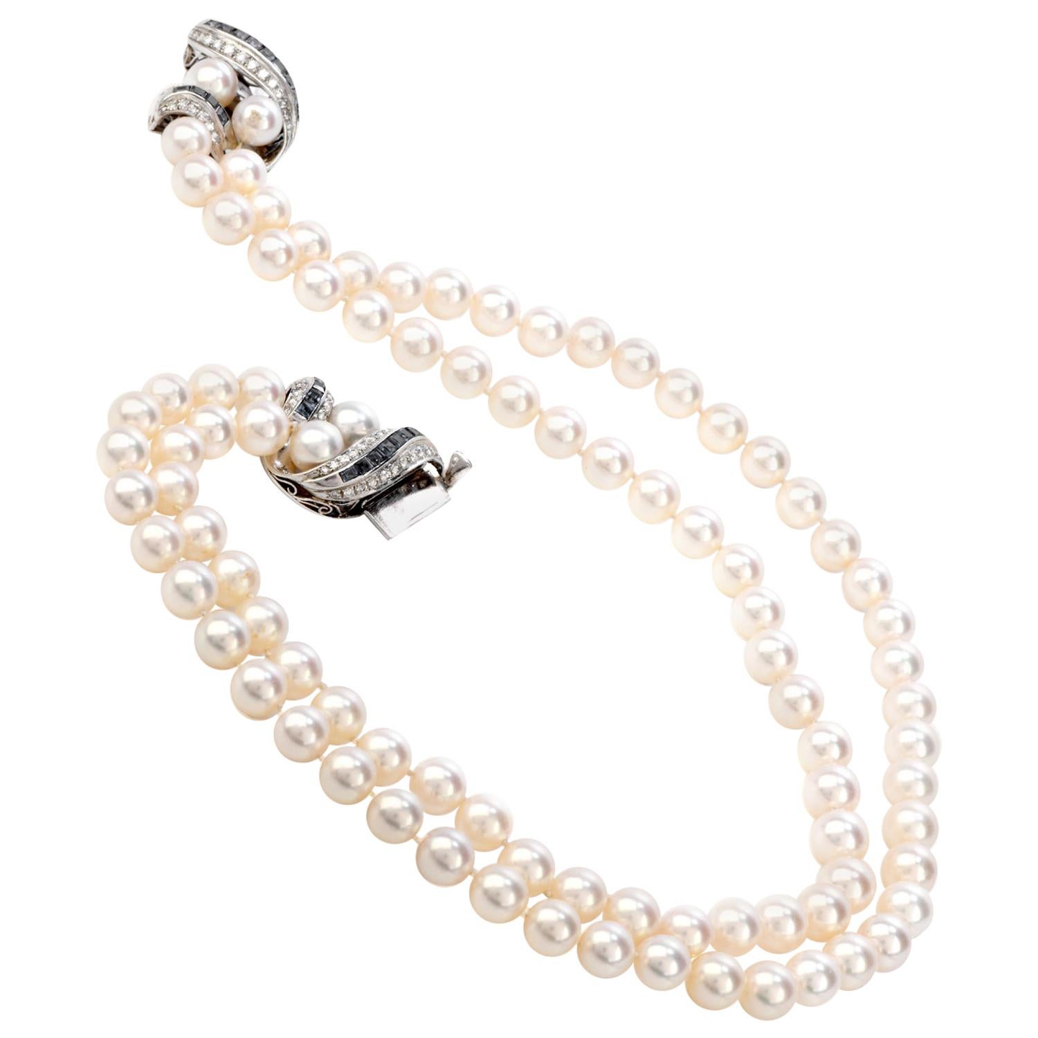 Deco Diamond 5.20 Carat Sapphire Platinum 14 Karat Gold Pearl Necklace