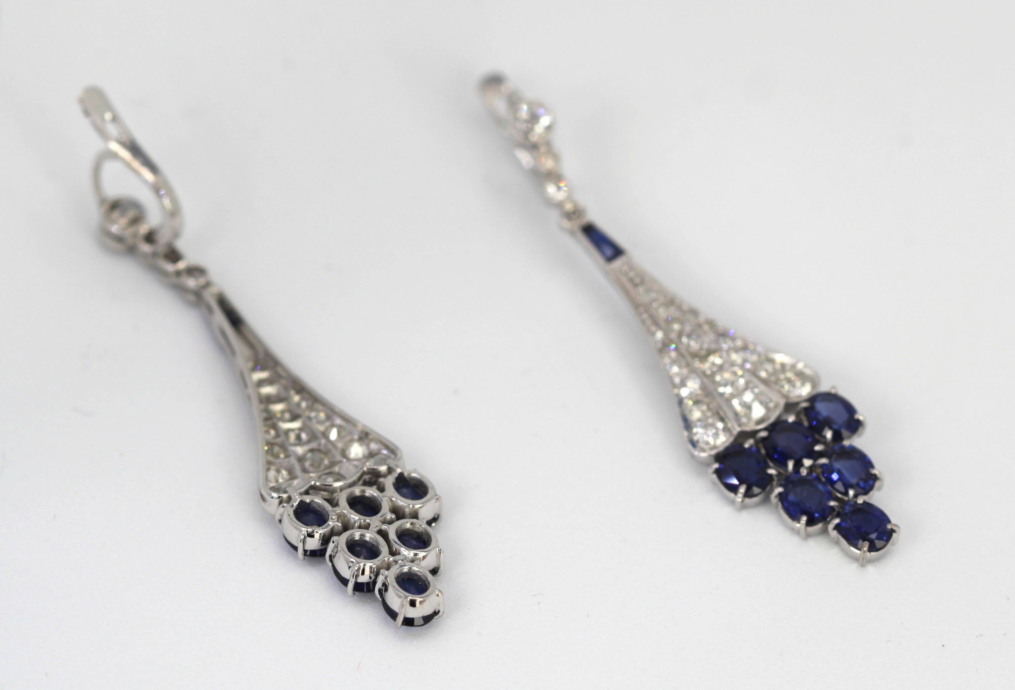 Art Deco Diamond Sapphire Earrings 18K 6.86 Carat