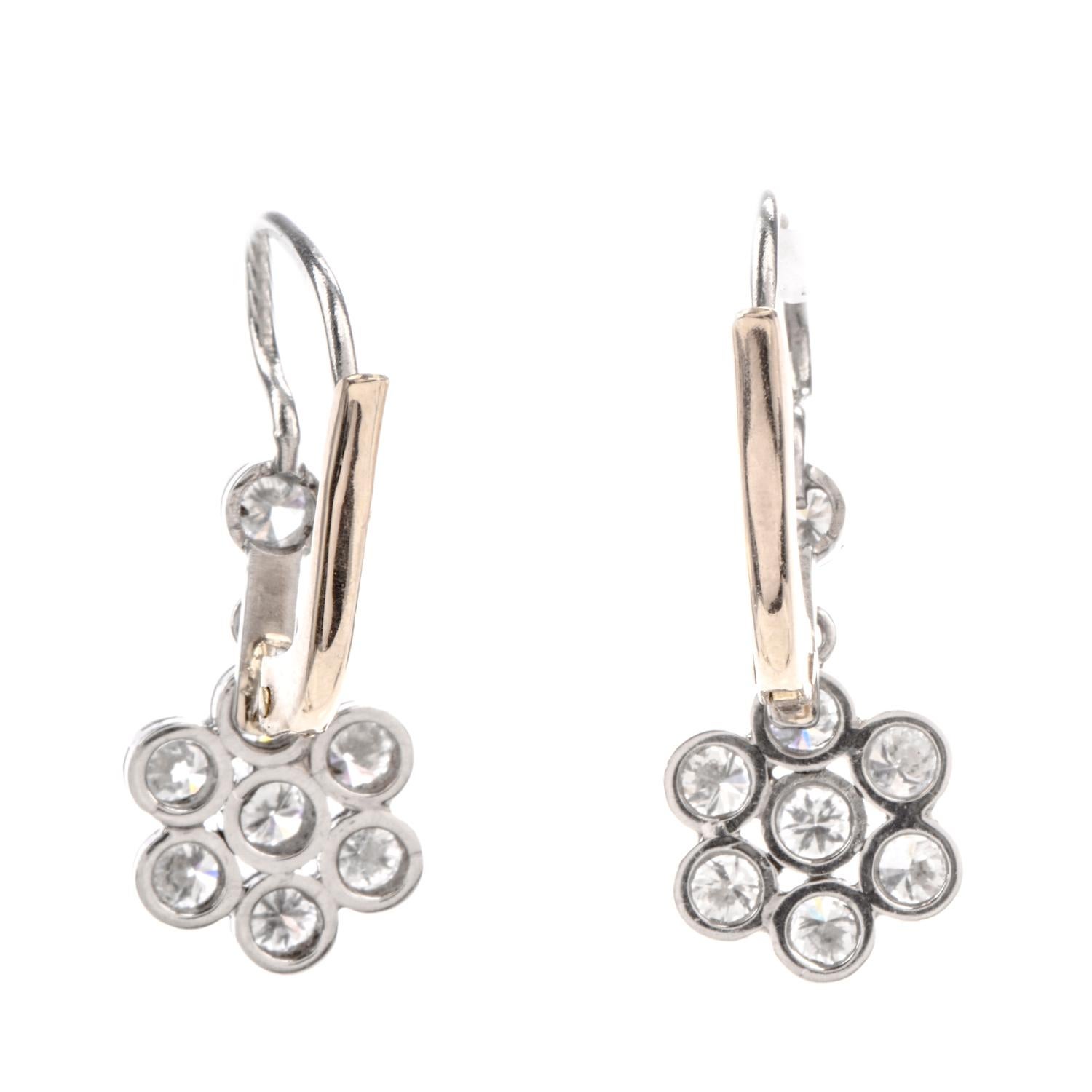 Art Deco Deco Diamond Dangling Flower Motif Euro Platinum Earrings
