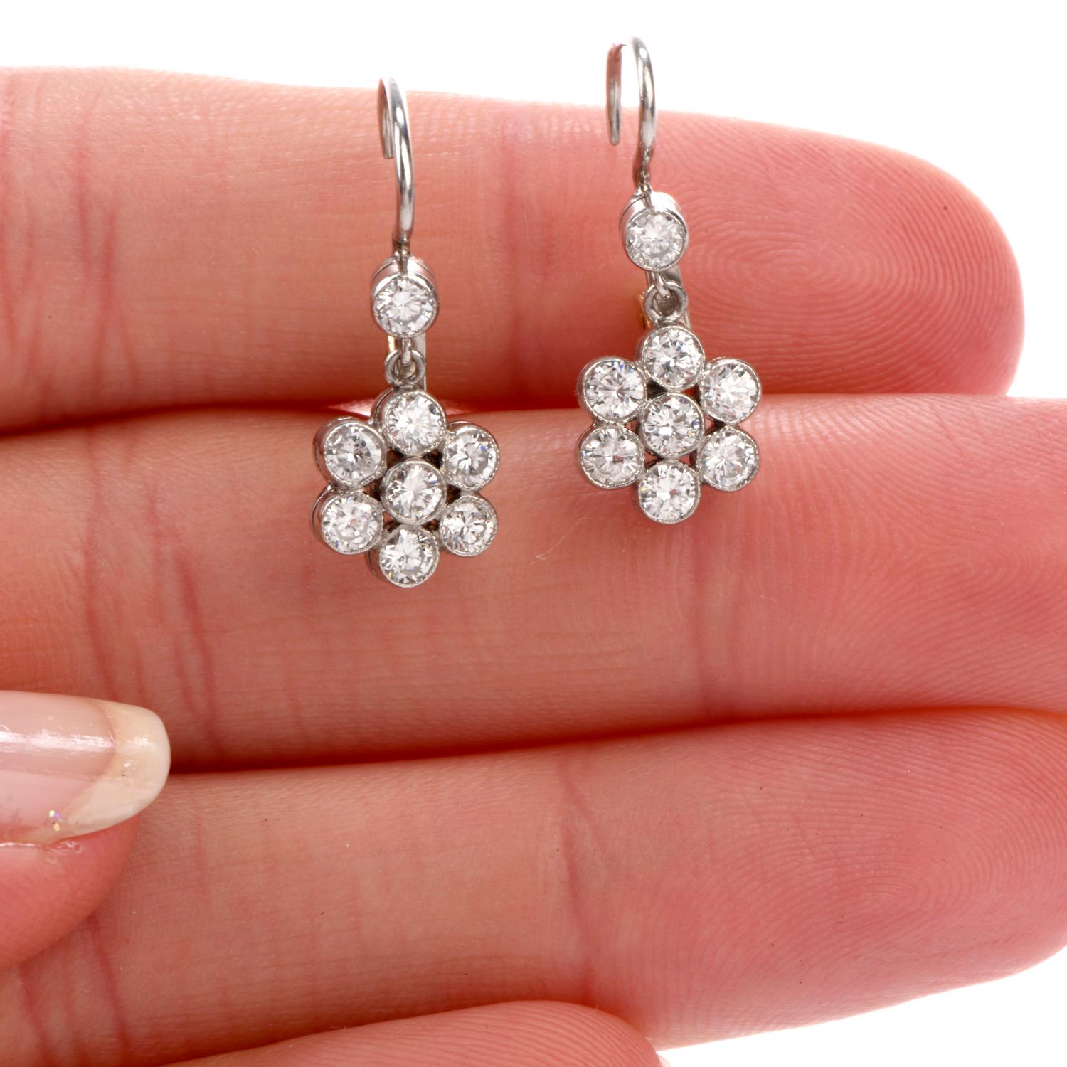 Deco Diamond Dangling Flower Motif Euro Platinum Earrings In Excellent Condition In Miami, FL