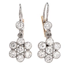 Deco Diamond Dangling Flower Motif Euro Platinum Earrings
