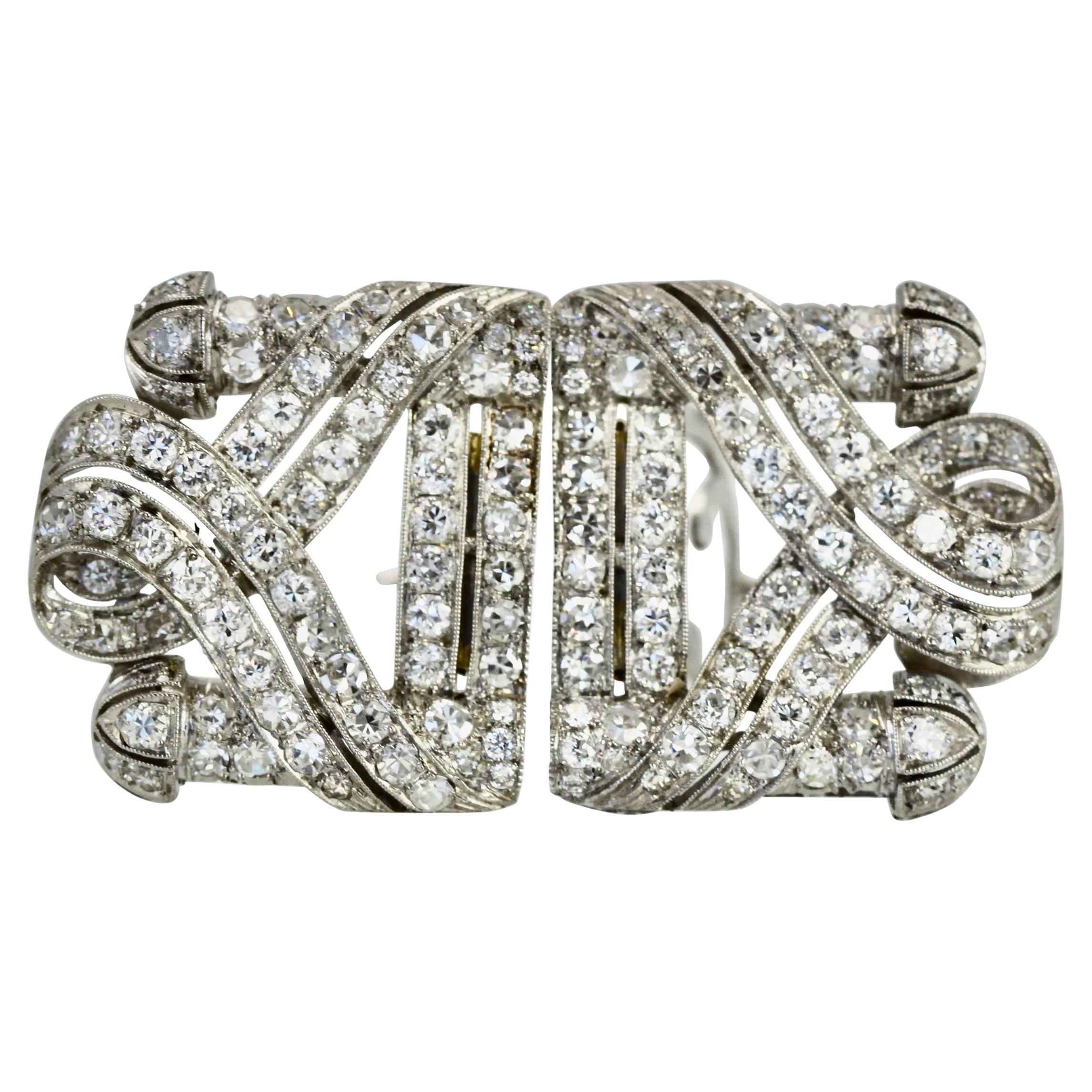 Deco Diamond Double Clip Brooches Platinum