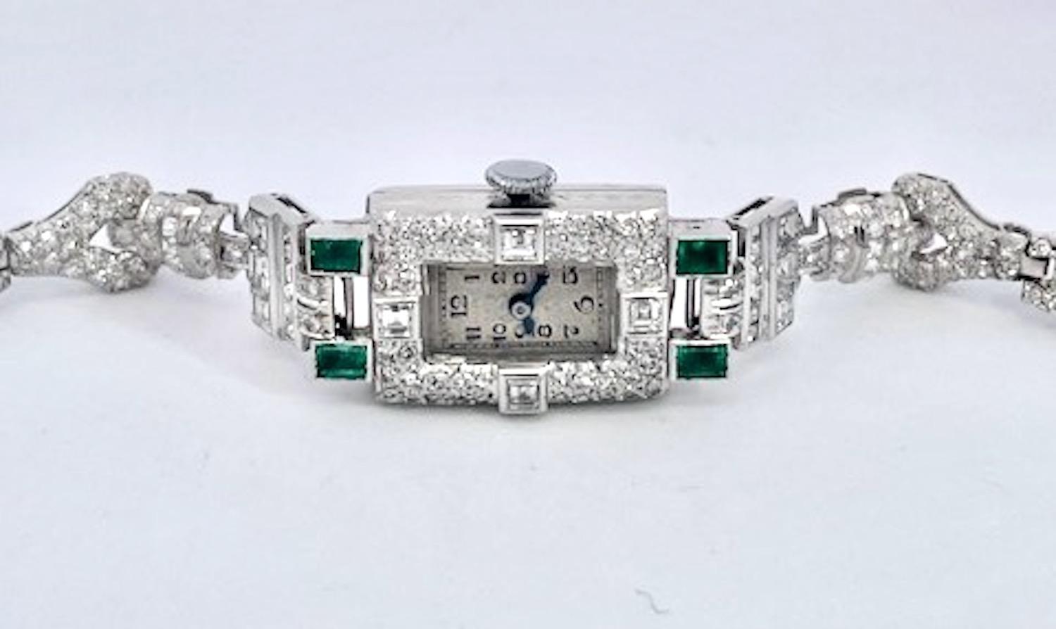 Deco Diamond Emerald Ladies Wristwatch For Sale 4
