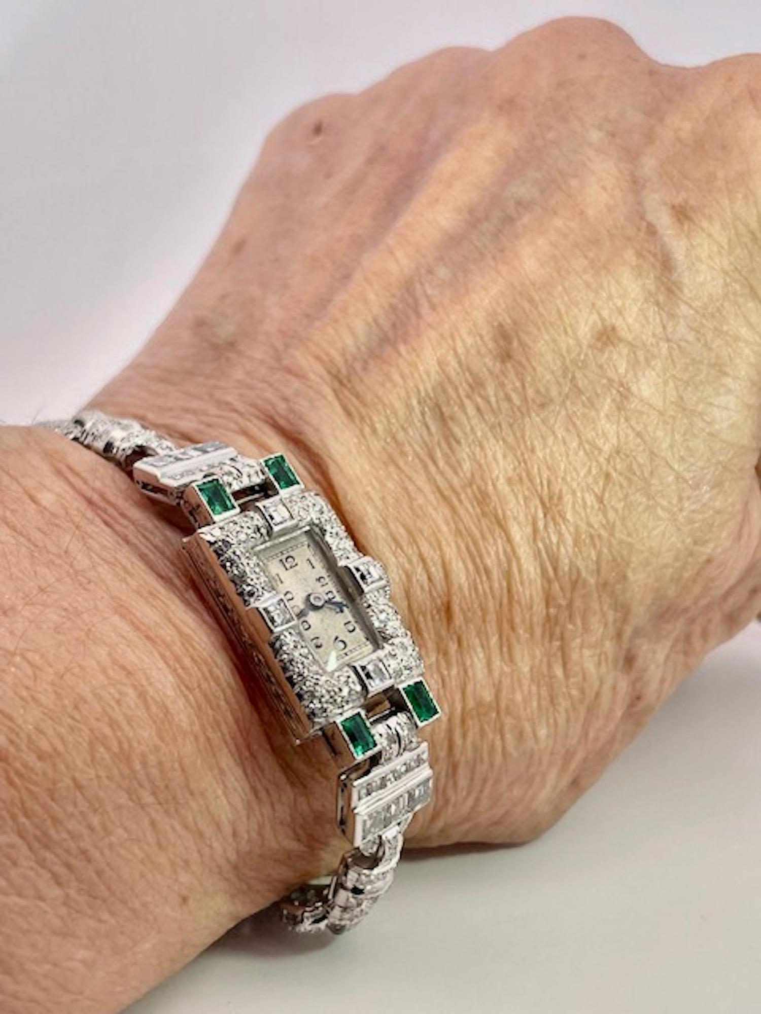 Deco Diamond Emerald Ladies Wristwatch For Sale 7