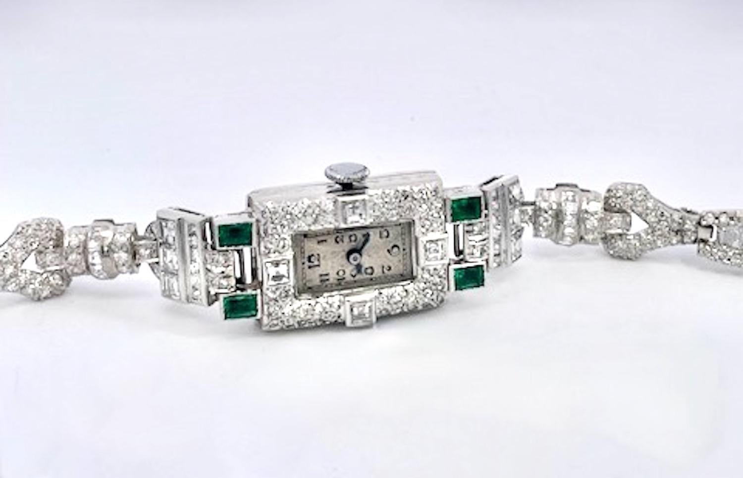 Square Cut Deco Diamond Emerald Ladies Wristwatch For Sale