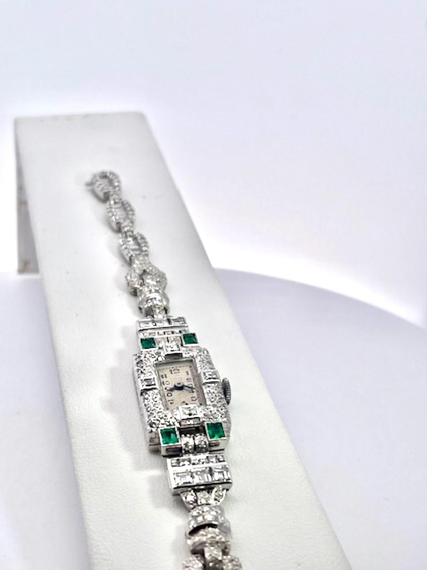 Women's Deco Diamond Emerald Ladies Wristwatch For Sale