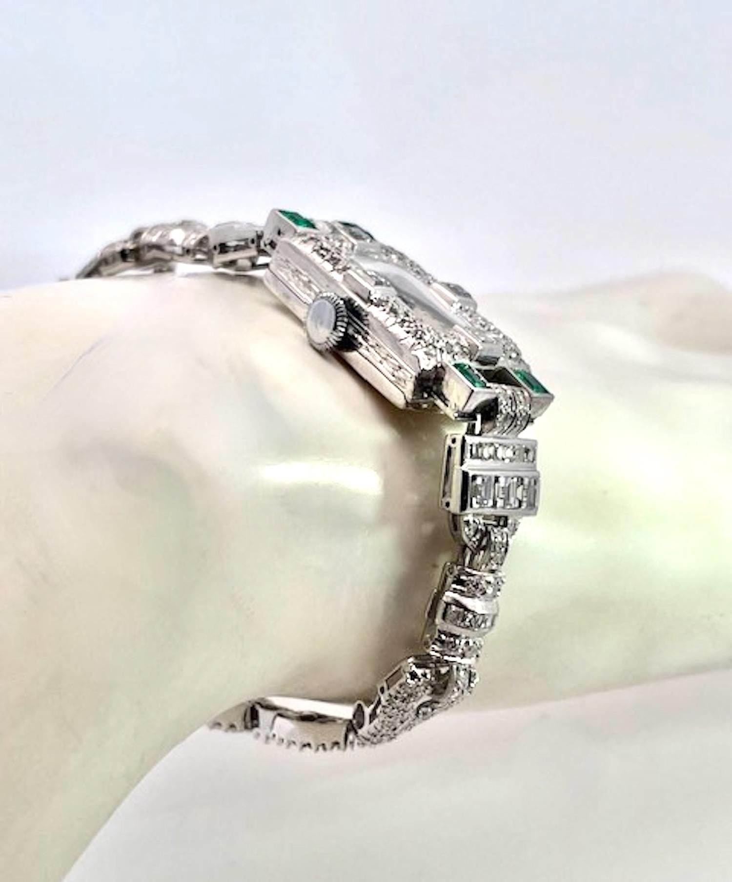 Deco Diamond Emerald Ladies Wristwatch For Sale 1