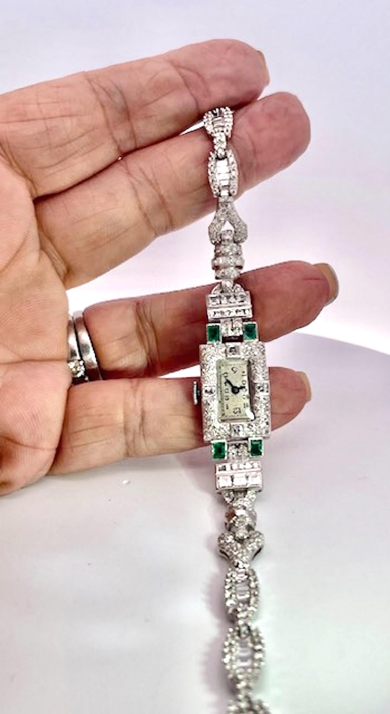Deco Diamond Emerald Ladies Wristwatch For Sale 2